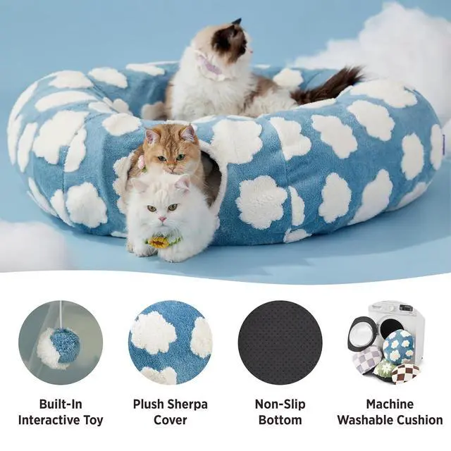 Alt view image 3 of 6 - Lesure Donut Cute Jacquard Large Cat Tunnel Bed Kitten Toys for Dog Bunny | 39.5x39.5x10in,Round Large Cat Bed Tube for Multi Kittens,Pet Peekaboo Cave Toy,Spiral Hideaway,Washable Cushion,Blue