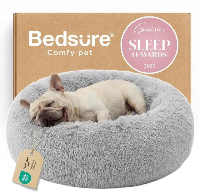Main image of Calming Dog Bed Medium Size Dog Donut Washable Pet Bed,30ins | Fluffy Faux Fur Round Cuddler,Machine Washable,Anti-Slip Bottom,Anti-Anxiety,Deep Sleeping for Pets Up to 45 Lbs,Pale Grey