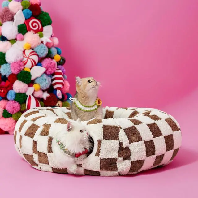 Alt view image 7 of 7 - Lesure Donut Cute Jacquard Cat Tunnel Bed Kitten Toys for Puppy Bunny | 33.5x33.5x10in,Round Cat Bed Tube for Indoor Cats Rabbit Dog,Pet Peekaboo Cave Toy,Spiral Hideaway,Washable Cushion,Brown