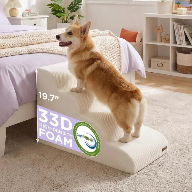 Main image of Lesure Dog Pet Stairs for Small Dogs, Beige, 4 Steps | Pet Steps Ramp for High bed and Couch, 33D CertiPUR-US Certified Foam, Indoor and Car Use, Non-Slip Bottom, Removable Cover