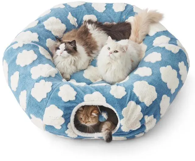 Main image of Lesure Donut Cute Jacquard Large Cat Tunnel Bed Kitten Toys for Dog Bunny | 39.5x39.5x10in,Round Large Cat Bed Tube for Multi Kittens,Pet Peekaboo Cave Toy,Spiral Hideaway,Washable Cushion,Blue