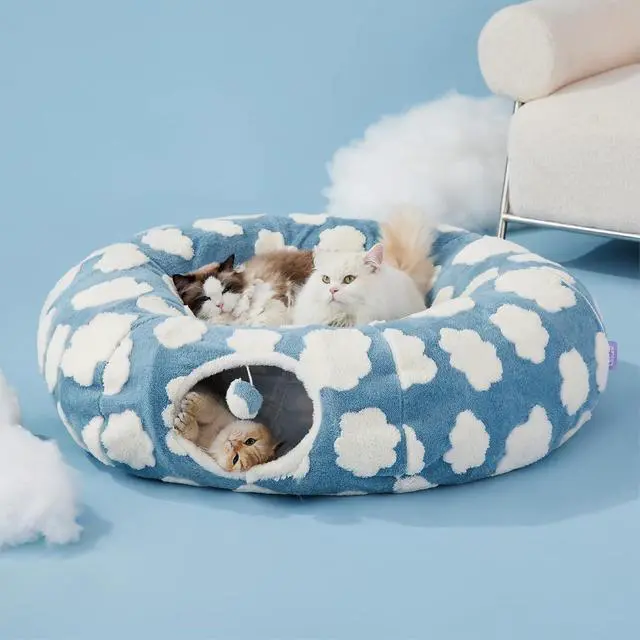 Alt view image 6 of 6 - Lesure Donut Cute Jacquard Large Cat Tunnel Bed Kitten Toys for Dog Bunny | 39.5x39.5x10in,Round Large Cat Bed Tube for Multi Kittens,Pet Peekaboo Cave Toy,Spiral Hideaway,Washable Cushion,Blue