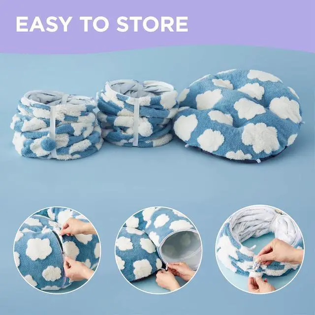 Alt view image 4 of 6 - Lesure Donut Cute Jacquard Large Cat Tunnel Bed Kitten Toys for Dog Bunny | 39.5x39.5x10in,Round Large Cat Bed Tube for Multi Kittens,Pet Peekaboo Cave Toy,Spiral Hideaway,Washable Cushion,Blue