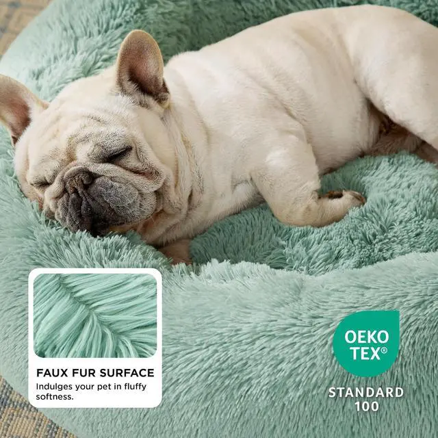 Alt view image 2 of 6 - Calming Dog Bed Medium Size Dog Donut Washable Pet Bed,30ins | Fluffy Faux Fur Round Cuddler,Machine Washable,Anti-Slip Bottom,Anti-Anxiety,Deep Sleeping for Pets Up to 45 Lbs,Apple green