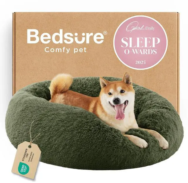 Main image of Calming Dog Bed Medium Size Dog Donut Washable Pet Bed,30ins Green | Fluffy Faux Fur Round Cuddler,Machine Washable,Anti-Slip Bottom,Anti-Anxiety,Deep Sleeping for Pets Up to 45 Lbs