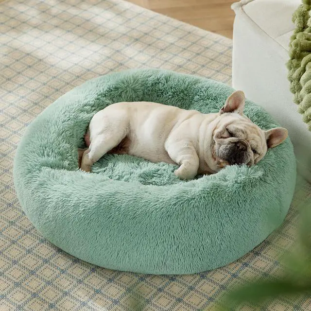 Alt view image 4 of 6 - Calming Dog Bed Medium Size Dog Donut Washable Pet Bed,30ins | Fluffy Faux Fur Round Cuddler,Machine Washable,Anti-Slip Bottom,Anti-Anxiety,Deep Sleeping for Pets Up to 45 Lbs,Apple green