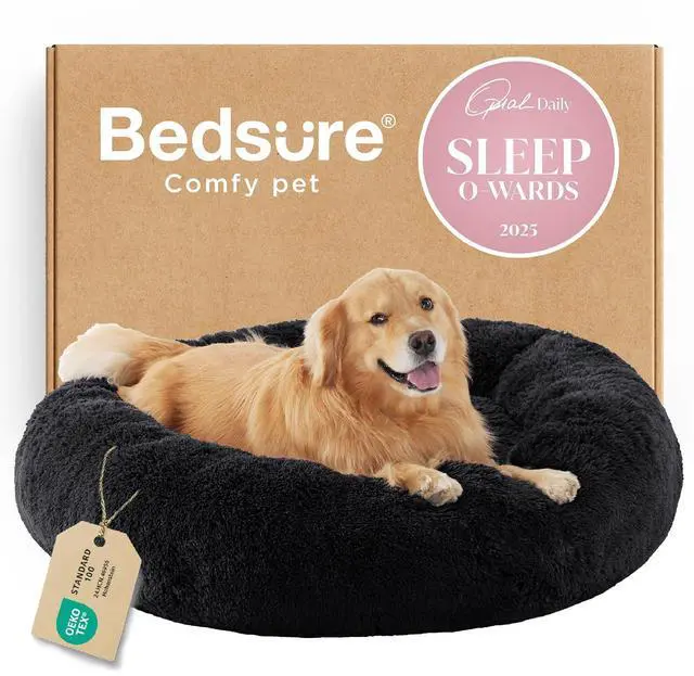 Main image of Calming XL Dog Bed Donut Washable Extra Large Pet Bed,45ins Black | Fluffy Faux Fur Round Cuddler,Machine Washable,Anti-Slip Bottom,Anti-Anxiety,Deep Sleeping for Pets Up to 120 Lbs
