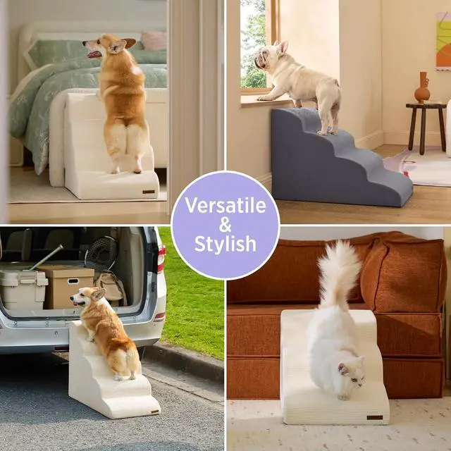 Alt view image 2 of 7 - Lesure Dog Pet Stairs for Small Dogs, Beige, 4 Steps | Pet Steps Ramp for High bed and Couch, 33D CertiPUR-US Certified Foam, Indoor and Car Use, Non-Slip Bottom, Removable Cover
