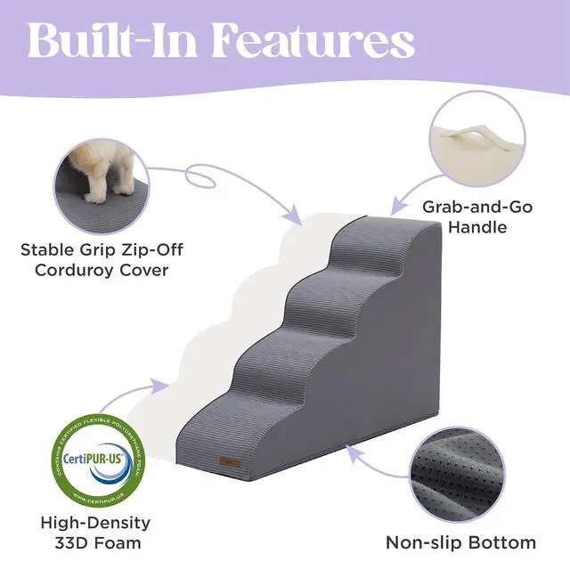 Alt view image 3 of 7 - Lesure Dog Pet Stairs for High Bed, Grey, 5 Steps | Pet Steps Ramp for Small Dogs, 33D CertiPUR-US Certified Foam, Indoor and Car Use, Non-Slip Bottom, Removable Cover