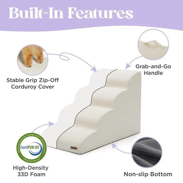 Alt view image 3 of 7 - Lesure Dog Pet Stairs for Small Dogs, Beige, 4 Steps | Pet Steps Ramp for High bed and Couch, 33D CertiPUR-US Certified Foam, Indoor and Car Use, Non-Slip Bottom, Removable Cover