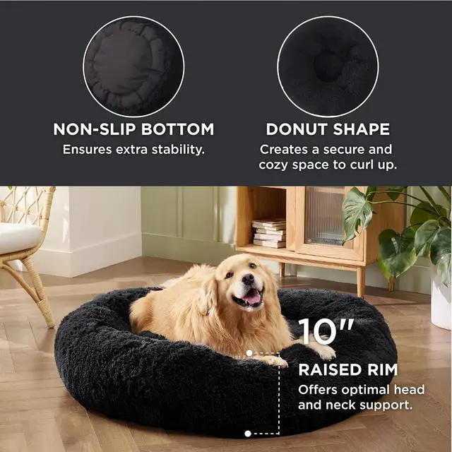 Alt view image 3 of 6 - Calming XL Dog Bed Donut Washable Extra Large Pet Bed,45ins Black | Fluffy Faux Fur Round Cuddler,Machine Washable,Anti-Slip Bottom,Anti-Anxiety,Deep Sleeping for Pets Up to 120 Lbs