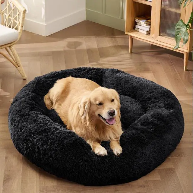 Alt view image 4 of 6 - Calming XL Dog Bed Donut Washable Extra Large Pet Bed,45ins Black | Fluffy Faux Fur Round Cuddler,Machine Washable,Anti-Slip Bottom,Anti-Anxiety,Deep Sleeping for Pets Up to 120 Lbs
