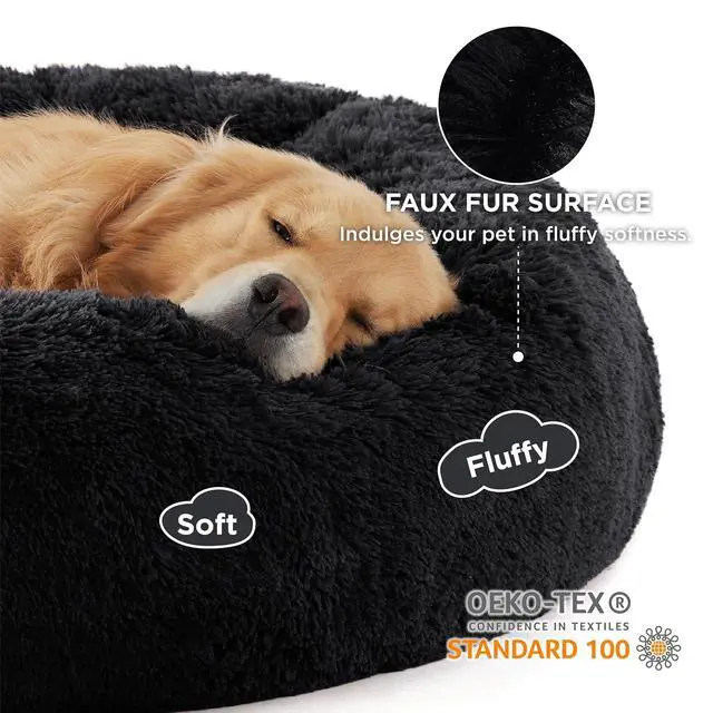 Alt view image 2 of 6 - Calming XL Dog Bed Donut Washable Extra Large Pet Bed,45ins Black | Fluffy Faux Fur Round Cuddler,Machine Washable,Anti-Slip Bottom,Anti-Anxiety,Deep Sleeping for Pets Up to 120 Lbs