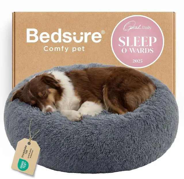 Main image of Calming Dog Beds Large Sized Dog Donut Washable Pet Bed,36ins | Fluffy Faux Fur Round Cuddler,with Removable Washable Cover,Anti-Slip Bottom,Anti-Anxiety,for Pets Up to 80 Lbs,Dark Grey
