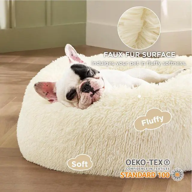 Alt view image 2 of 7 - Calming Small Dog Bed Donut Washable CatPuppy Bed,23 inches | Fluffy Faux Fur Round Cuddler,Anti-Slip Bottom,Anti-Anxiety,Deep Sleeping for Large Cat & Pets Up to 25 Lbs,Ivory Beige