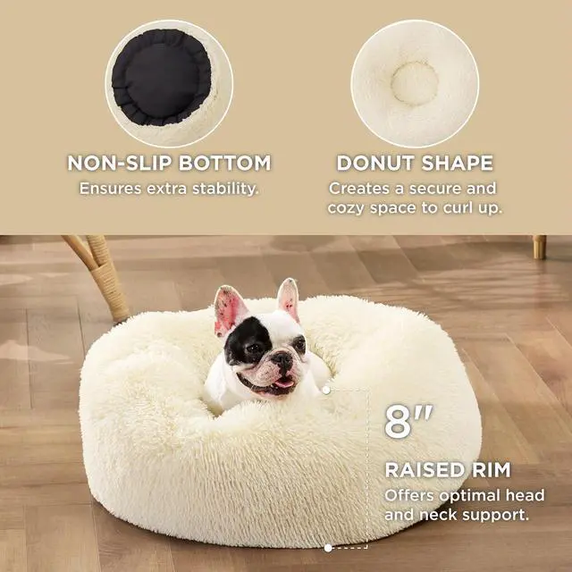 Alt view image 3 of 7 - Calming Small Dog Bed Donut Washable CatPuppy Bed,23 inches | Fluffy Faux Fur Round Cuddler,Anti-Slip Bottom,Anti-Anxiety,Deep Sleeping for Large Cat & Pets Up to 25 Lbs,Ivory Beige