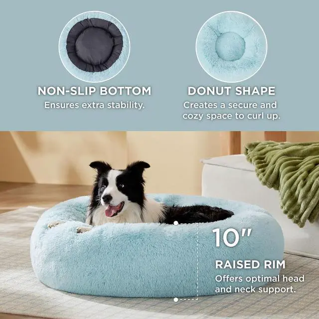 Alt view image 2 of 6 - Calming Dog Beds Large Sized Dog Donut Washable Pet Bed,36ins | Fluffy Faux Fur Round Cuddler,with Removable Washable Cover,Anti-Slip Bottom,Anti-Anxiety,for Pets Up to 80 Lbs,Aqua Blue