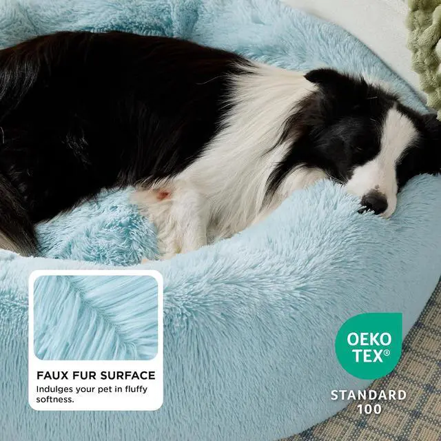 Alt view image 3 of 6 - Calming Dog Beds Large Sized Dog Donut Washable Pet Bed,36ins | Fluffy Faux Fur Round Cuddler,with Removable Washable Cover,Anti-Slip Bottom,Anti-Anxiety,for Pets Up to 80 Lbs,Aqua Blue