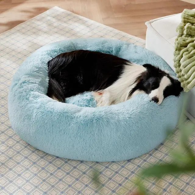 Alt view image 4 of 6 - Calming Dog Beds Large Sized Dog Donut Washable Pet Bed,36ins | Fluffy Faux Fur Round Cuddler,with Removable Washable Cover,Anti-Slip Bottom,Anti-Anxiety,for Pets Up to 80 Lbs,Aqua Blue