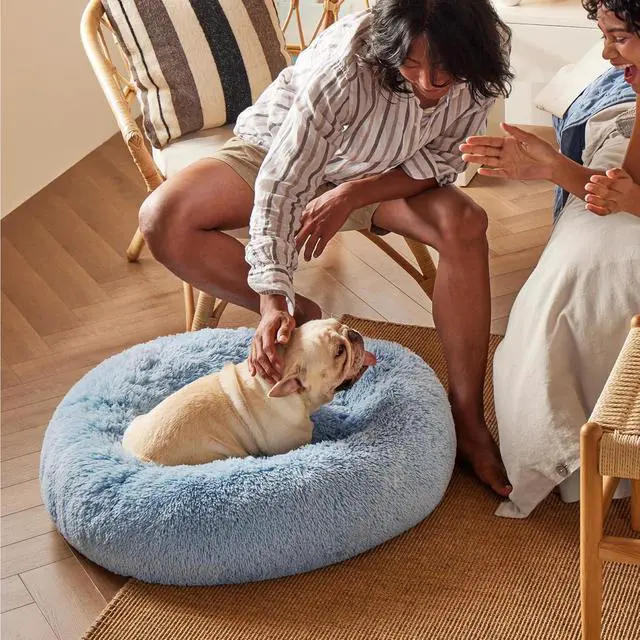 Alt view image 4 of 6 - Calming Small Dog Bed Donut Washable CatPuppy Bed,23 inches | Fluffy Faux Fur Round Cuddler,Anti-Slip Bottom,Anti-Anxiety,Deep Sleeping for Large Cat & Pets Up to 25 Lbs,Light Blue