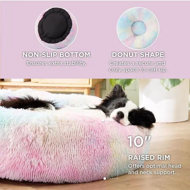 Alt view image 3 of 6 - Calming Dog Beds Large Sized Dog Donut Washable Pet Bed,36ins | Fluffy Faux Fur Round Cuddler,with Removable Washable Cover,Anti-Slip Bottom,Anti-Anxiety,for Pets Up to 80 Lbs,Multi Color