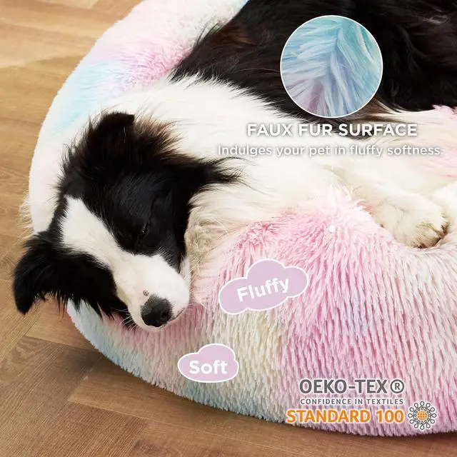 Alt view image 2 of 6 - Calming Dog Beds Large Sized Dog Donut Washable Pet Bed,36ins | Fluffy Faux Fur Round Cuddler,with Removable Washable Cover,Anti-Slip Bottom,Anti-Anxiety,for Pets Up to 80 Lbs,Multi Color