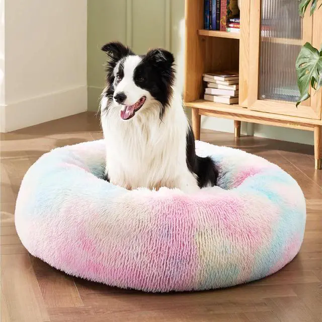 Alt view image 4 of 6 - Calming Dog Beds Large Sized Dog Donut Washable Pet Bed,36ins | Fluffy Faux Fur Round Cuddler,with Removable Washable Cover,Anti-Slip Bottom,Anti-Anxiety,for Pets Up to 80 Lbs,Multi Color