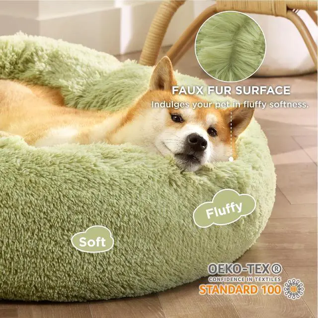 Alt view image 2 of 6 - Calming Dog Bed Medium Size Dog Donut Washable Pet Bed,30ins Green | Fluffy Faux Fur Round Cuddler,Machine Washable,Anti-Slip Bottom,Anti-Anxiety,Deep Sleeping for Pets Up to 45 Lbs