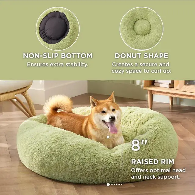 Alt view image 3 of 6 - Calming Dog Bed Medium Size Dog Donut Washable Pet Bed,30ins Green | Fluffy Faux Fur Round Cuddler,Machine Washable,Anti-Slip Bottom,Anti-Anxiety,Deep Sleeping for Pets Up to 45 Lbs