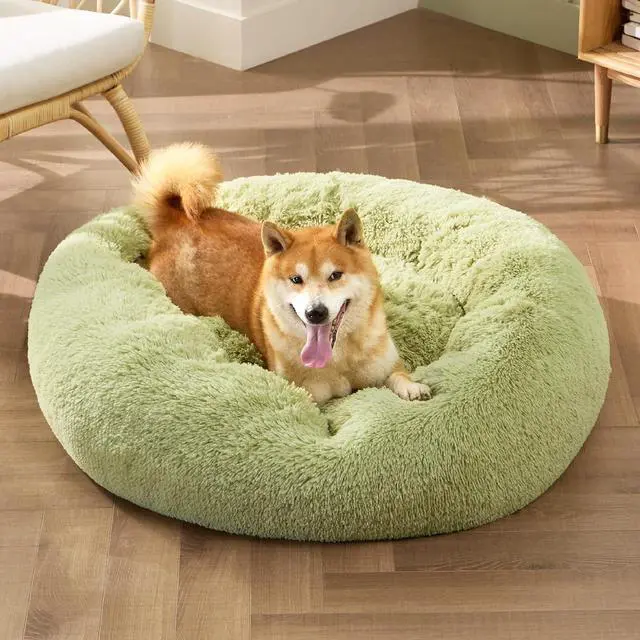 Alt view image 4 of 6 - Calming Dog Bed Medium Size Dog Donut Washable Pet Bed,30ins Green | Fluffy Faux Fur Round Cuddler,Machine Washable,Anti-Slip Bottom,Anti-Anxiety,Deep Sleeping for Pets Up to 45 Lbs