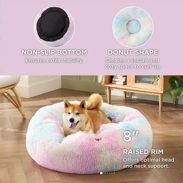 Alt view image 3 of 6 - Calming Dog Bed Medium Size Dog Donut Washable Pet Bed,30ins | Fluffy Faux Fur Round Cuddler,Machine Washable,Anti-Slip Bottom,Anti-Anxiety,Deep Sleeping for Pets Up to 45 Lbs,Multi Color
