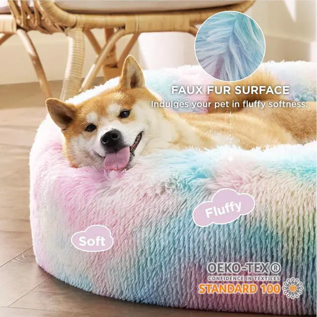 Alt view image 2 of 6 - Calming Dog Bed Medium Size Dog Donut Washable Pet Bed,30ins | Fluffy Faux Fur Round Cuddler,Machine Washable,Anti-Slip Bottom,Anti-Anxiety,Deep Sleeping for Pets Up to 45 Lbs,Multi Color
