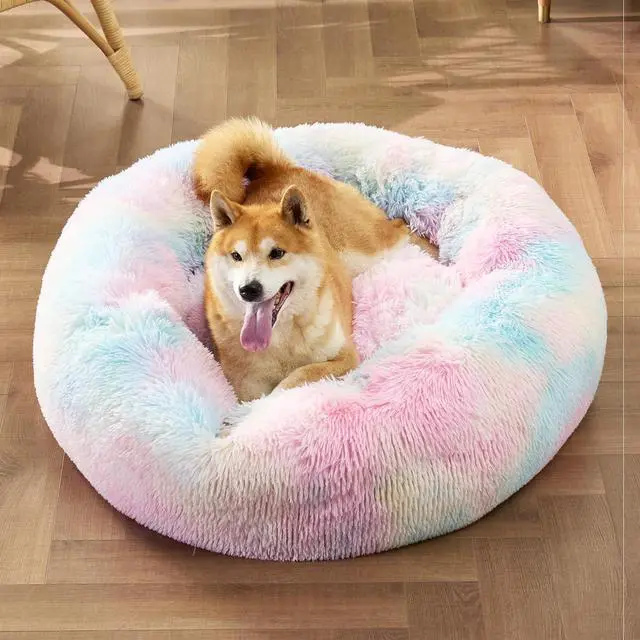 Alt view image 4 of 6 - Calming Dog Bed Medium Size Dog Donut Washable Pet Bed,30ins | Fluffy Faux Fur Round Cuddler,Machine Washable,Anti-Slip Bottom,Anti-Anxiety,Deep Sleeping for Pets Up to 45 Lbs,Multi Color