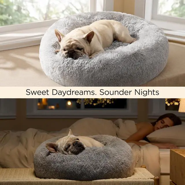 Alt view image 4 of 7 - Calming Dog Bed Medium Size Dog Donut Washable Pet Bed,30ins | Fluffy Faux Fur Round Cuddler,Machine Washable,Anti-Slip Bottom,Anti-Anxiety,Deep Sleeping for Pets Up to 45 Lbs,Pale Grey