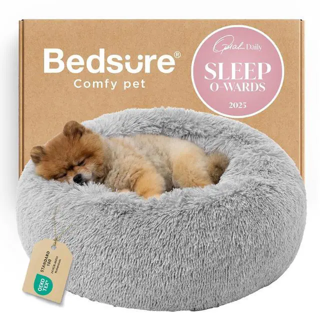 Main image of Calming Small Dog Bed Donut Washable CatPuppy Bed,23 inches | Fluffy Faux Fur Round Cuddler,Anti-Slip Bottom,Anti-Anxiety,Deep Sleeping for Large Cat & Pets Up to 25 Lbs,Pale Grey