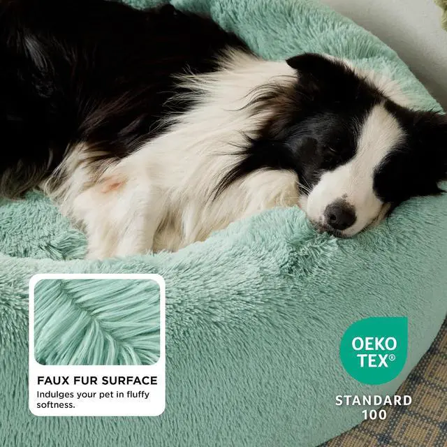 Alt view image 2 of 7 - Calming Dog Beds Large Sized Dog Donut Washable Pet Bed,36ins | Fluffy Faux Fur Round Cuddler,with Removable Washable Cover,Anti-Slip Bottom,Anti-Anxiety,for Pets Up to 80 Lbs,Apple green