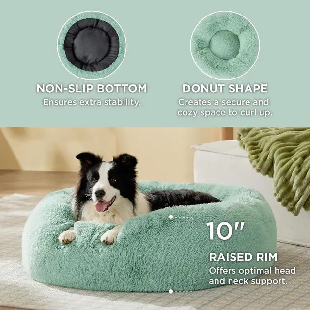 Alt view image 3 of 7 - Calming Dog Beds Large Sized Dog Donut Washable Pet Bed,36ins | Fluffy Faux Fur Round Cuddler,with Removable Washable Cover,Anti-Slip Bottom,Anti-Anxiety,for Pets Up to 80 Lbs,Apple green