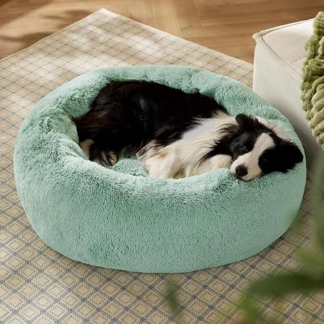 Alt view image 4 of 7 - Calming Dog Beds Large Sized Dog Donut Washable Pet Bed,36ins | Fluffy Faux Fur Round Cuddler,with Removable Washable Cover,Anti-Slip Bottom,Anti-Anxiety,for Pets Up to 80 Lbs,Apple green