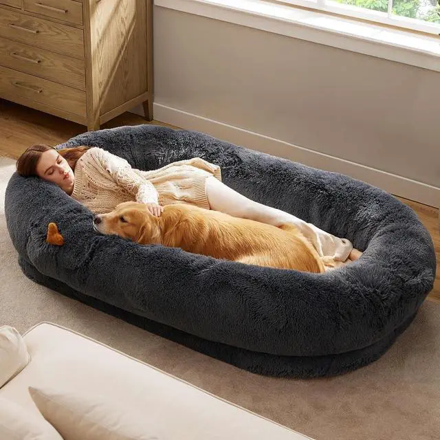 Main image of Human Dog Bed for Adult, Plush Giant Calming Nest Bed Orthopedic | 71" Human Size Dog Bed Washable with Storage Pocket, Supportive Bolster, Egg Foam, Non-Slip Bottom, Fluffy Faux Fur,Dark Grey