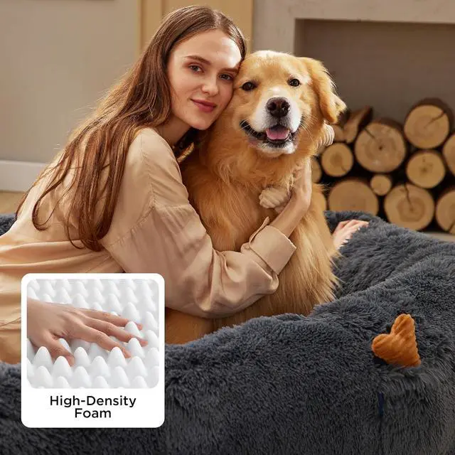 Alt view image 2 of 7 - Human Dog Bed for Adult, Plush Giant Calming Nest Bed Orthopedic | 71" Human Size Dog Bed Washable with Storage Pocket, Supportive Bolster, Egg Foam, Non-Slip Bottom, Fluffy Faux Fur,Dark Grey