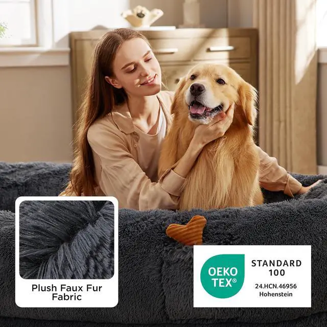 Alt view image 5 of 7 - Human Dog Bed for Adult, Plush Giant Calming Nest Bed Orthopedic | 71" Human Size Dog Bed Washable with Storage Pocket, Supportive Bolster, Egg Foam, Non-Slip Bottom, Fluffy Faux Fur,Dark Grey