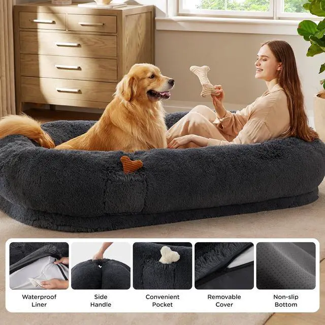 Alt view image 6 of 7 - Human Dog Bed for Adult, Plush Giant Calming Nest Bed Orthopedic | 71" Human Size Dog Bed Washable with Storage Pocket, Supportive Bolster, Egg Foam, Non-Slip Bottom, Fluffy Faux Fur,Dark Grey