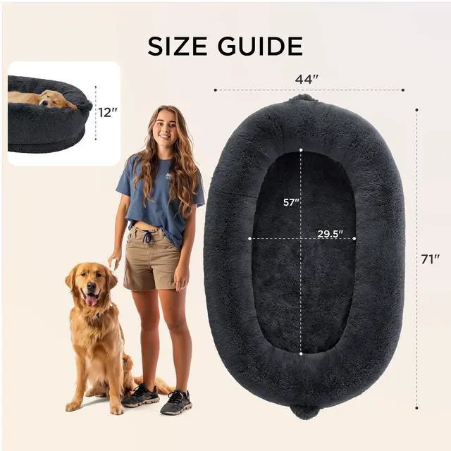 Alt view image 7 of 7 - Human Dog Bed for Adult, Plush Giant Calming Nest Bed Orthopedic | 71" Human Size Dog Bed Washable with Storage Pocket, Supportive Bolster, Egg Foam, Non-Slip Bottom, Fluffy Faux Fur,Dark Grey