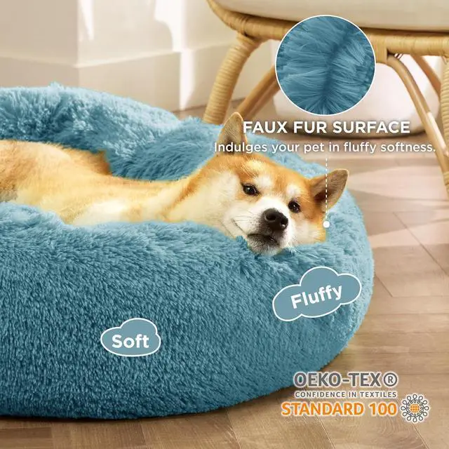 Alt view image 2 of 6 - Calming Dog Bed Medium Size Dog Donut Washable Pet Bed,30ins | Fluffy Faux Fur Round Cuddler,Machine Washable,Anti-Slip Bottom,Anti-Anxiety,Deep Sleeping for Pets Up to 45 Lbs,Washed Blue