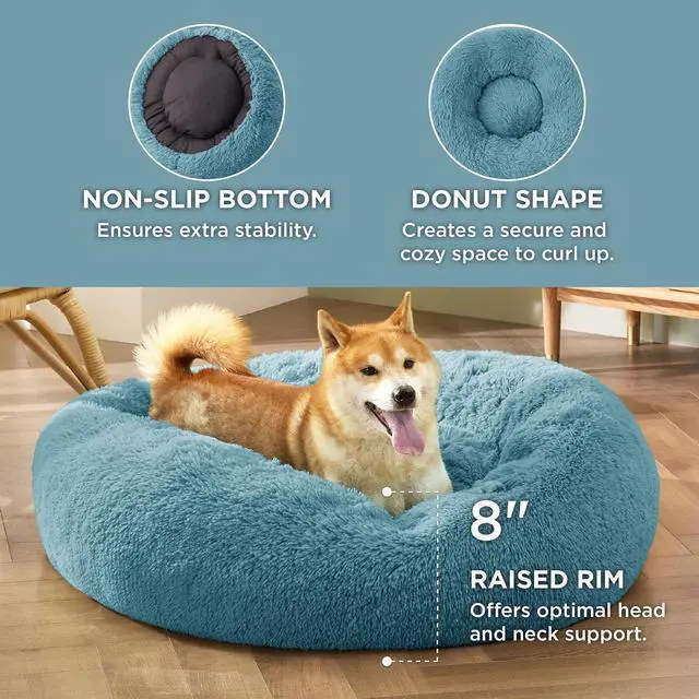 Alt view image 3 of 6 - Calming Dog Bed Medium Size Dog Donut Washable Pet Bed,30ins | Fluffy Faux Fur Round Cuddler,Machine Washable,Anti-Slip Bottom,Anti-Anxiety,Deep Sleeping for Pets Up to 45 Lbs,Washed Blue