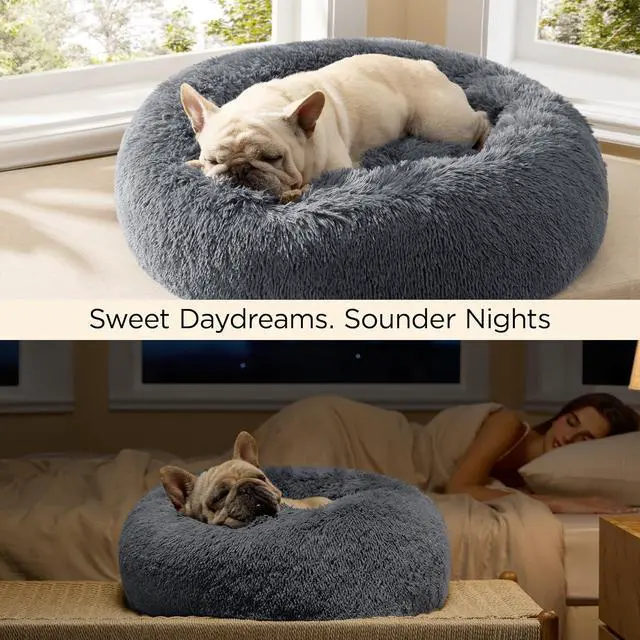 Alt view image 4 of 7 - Calming Dog Bed Medium Size Dog Donut Washable Pet Bed,30ins | Fluffy Faux Fur Round Cuddler,Machine Washable,Anti-Slip Bottom,Anti-Anxiety,Deep Sleeping for Pets Up to 45 Lbs,Dark Grey