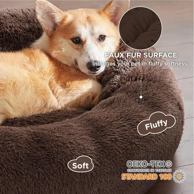 Alt view image 2 of 6 - Calming Dog Bed Medium Large Size Dogs Washable Pet Bed,33ins | Fluffy Faux Fur Round Donut Cuddler,Machine Washable,Anti-Slip Bottom,Anti-Anxiety,Deep Sleeping for Pets Up to 65 Lbs,Coffee