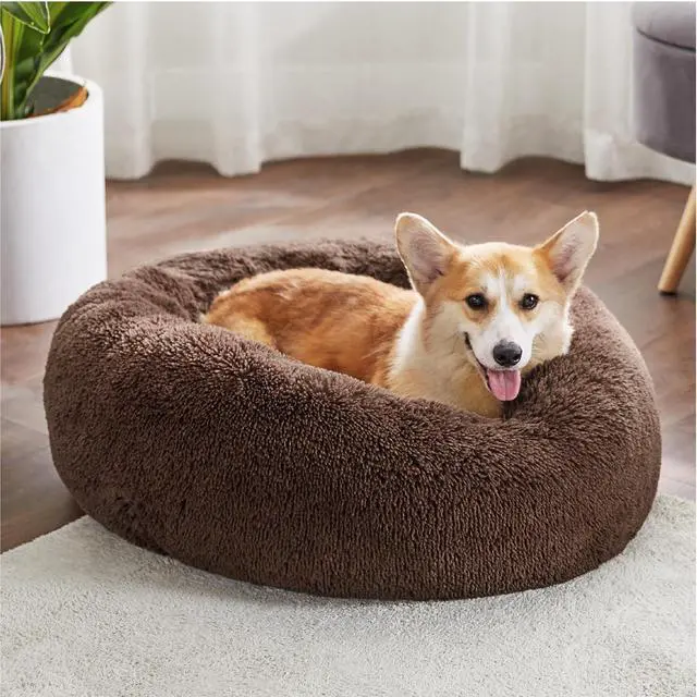 Alt view image 4 of 6 - Calming Dog Bed Medium Large Size Dogs Washable Pet Bed,33ins | Fluffy Faux Fur Round Donut Cuddler,Machine Washable,Anti-Slip Bottom,Anti-Anxiety,Deep Sleeping for Pets Up to 65 Lbs,Coffee