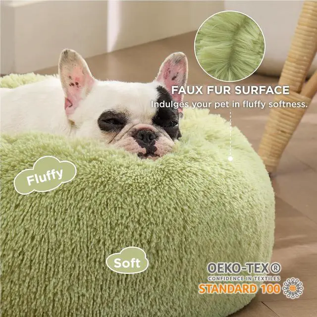 Alt view image 2 of 7 - Calming Small Dog Bed Donut Washable CatPuppy Bed,23 inches Green | Fluffy Faux Fur Round Cuddler,Machine Washable,Anti-Slip Bottom,Anti-Anxiety,Deep Sleeping for Large Cat & Pets Up to 25 Lbs
