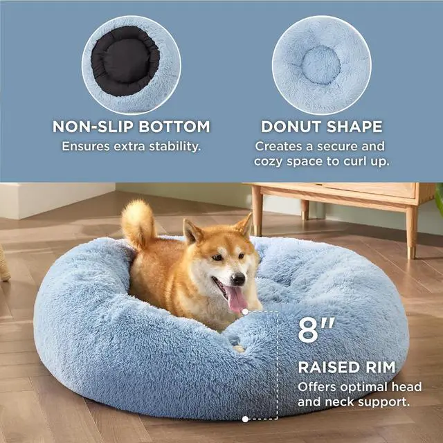 Alt view image 3 of 6 - Calming Dog Bed Medium Size Dog Donut Washable Pet Bed,30ins | Fluffy Faux Fur Round Cuddler,Machine Washable,Anti-Slip Bottom,Anti-Anxiety,Deep Sleeping for Pets Up to 45 Lbs,Light Blue